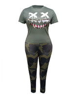Plus Size Women Two Piece Cartoon Camo Print Pants Set Short Sleeve O Neck Tee and Casual Sheath Trousers Matching Outfits