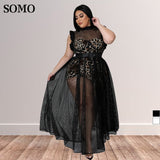 Plus Size avail Ruffle Sleeve Dress Maxi Sexy See Through