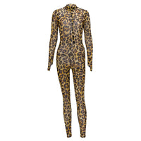 Leopard Print O Neck Jumpsuit Long Sleeve High Waist Sheer Mesh bodysuit