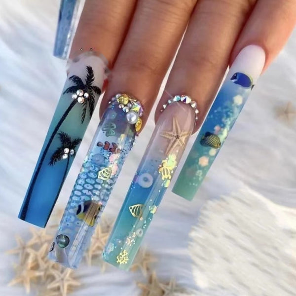 3D fake nails with Ocean starfish designs DIY manicure supplies press on faux ongles french long coffin tips false nail kit