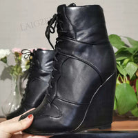 Ankle Boots Wedges Faux Leather Round Toe Heels Short Boots Lace Up 11+