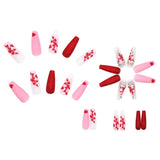 24Pcs/Box False Nails With Glue Red Pink Heart Design Press On Nails Wearable Fake Nails With Rhinestones Glitter Manicure Tips