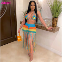 Colorful Hand made Two Piece Set Dress Lace Up Bra Top Long Tassel Maxi Skirt Women Summer Suit Beach Cover Ups