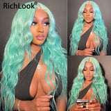 13x4 Mint Green Highlighted Lace Frontal Wig 180 Density Colored Body Wave Lace Front Wig Transparent Lace Wigs - Divine Diva Beauty