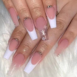Nude Nails Press on Rhinestone XL Length Coffin Fake Nail Tips Pre Designed Z160