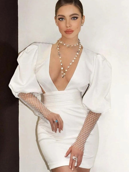 Long Puff Crystal Diamond Sleeve Dress
