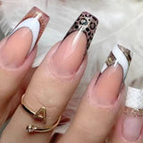 24Pcs Pink Leopard Print French Long Ballet False Nails With Glue Cute Rhinestone Design Heart Wearable Press On Nail Tips - Divine Diva Beauty