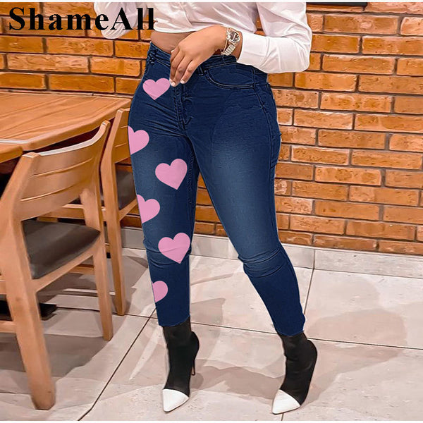 Plus Size avail Asymmetric Pink Heart Print Skinny Jeans