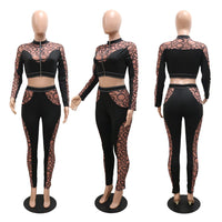 2 piece Mesh Women Set Solid O-neck Long Sleeve set