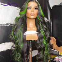 Ombre Green Human Hair Wig Green Highlight Lace Closure Wigs Wavy 180% Peruvian Colored 13*4 Lace Front Wigs - Divine Diva Beauty