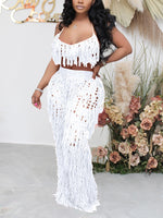 Women Two Piece Knitted Hollow Out Beach Suits Spaghetti Strap Crop Top See Through Loose Pants Set