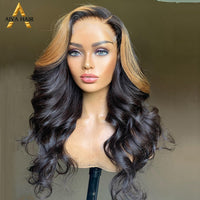 Loose Wave Honey Blonde 30Inch Synthetic Wig Transparent 13X4 Lace Front Ombre Highlight Color - Divine Diva Beauty