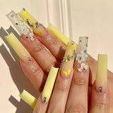 24pc Long Coffin Acrylic Fake Nails Wearable Ballerina Rhinestone Butterfly Glitter Full Cover Nail Tips Press On Nails