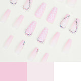 24Pcs/Box Pink Heart Rhinestones Are Detachable Fake Nails Press On Nails With Designs Short Ballet  Full Cover Acrylic Tips