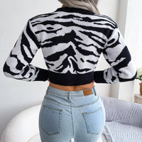 Winter Fashion Tiger Print Long Sleeve Crop Knit Sweater