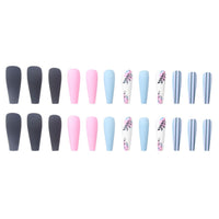 24pcs Long Coffin False Nails Wearable French Ballerina Matte Stripe Flower Design Fake Nails Full Cover Nail Tips Press On Nail