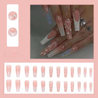 24pcs Detachable Long Ballet Nail Pink Gradient Shiny Heart Broken Diamond Coffin False Nails Press On Nails Ballerina Fake Nail