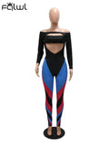 Two Piece Sets Outfits Long Sleeve Bodycon Bodysuit Patchwork Pants Suits Black Matching Set