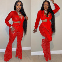 Two Piece Set Women Long Sleeve Mesh Sheer Crop Top and Rhinestone Flare Pants Matching Sets