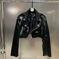 Autumn Moto Style Embroidery Letters Black Bright Pu Faux Leather Jacket outerwear