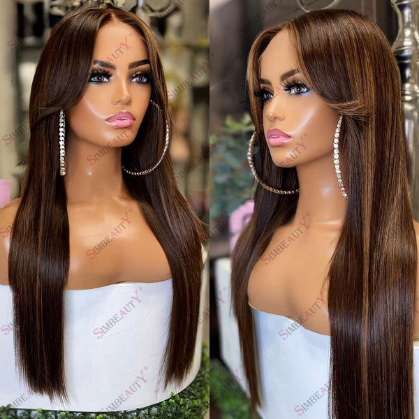 Remy Indian Silky Straight Human Hair Curtain Bangs Highlight 5X5 Lace Closure Wig Glueless Brown Lace Front Wigs