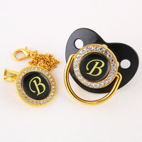 Black Bling Baby Pacifier And Clip Alphabet Letter M Infant Pacifier Gold Letter Unique Name Initials Baby Shower Gift bby