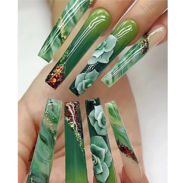 3D fake nails press on faux ongles green grass flower designs long french coffin tips DIY manicure decorations false nails