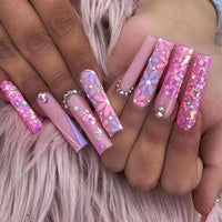 24Pcs Ballet Full Cover Fake Nails Flower Butterfly Design with Rhinestones False Nails Wearable Press on Nails Manicure Tips