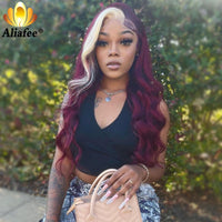 Wine Red With Blonde highlight Colored Body Wave Brazilian Human Hair Wig 13X6 Transparent Lace Frontal Wig Pre-Plucked