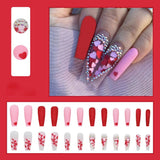 24Pcs/Box False Nails With Glue Red Pink Heart Design Press On Nails Wearable Fake Nails With Rhinestones Glitter Manicure Tips