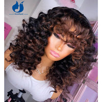 Loose Wave Highlight Full Machine Wigs With Bangs Brazilian Remy Human Hair Bang Wig Curly  Glueless Ombre