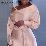 Women Chic Solid Glamorous Diagonal Collar Long Batwing Sleeves with Belt Bodycon Midi Sexy Formal Pink Dress
