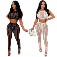 Sexy See Through Mesh Two Piece Sets Crop Top and Leggings with Bikini Set