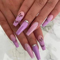 24Pc Long Ballet False Nails Gradient Butterfly Design Rhinestone Glitter Decoration False Nail Wearable Press On Nails Nail Tip