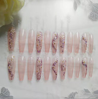 Glitter Nails Girl Crystal False Nails Pearl Finished Rhinestones Long Nail Art Jelly Pink Nail /24Tips All for Manicure