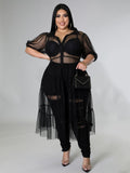 Plus Size avail Short Sleeve Summer Mesh Transparent Sexy Black Dress