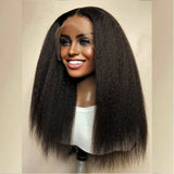 Kinky Straight 180 Density Black Color Yaki Lace Front Wig With Baby hair Synthetic Heat Temperature Glueless