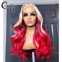 Body Wave Highlight Honey Blonde Red Ombre Colored Synthetic Transparent 13X4 Lace Front Wigs Preplucked