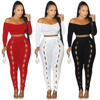 Sexy Off Shoulder Two Piece Set Women Long Sleeve Top Hollow Out Button Pencil Pants 2 Piece Outfit