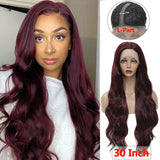 Synthetic Lace Front Wigs 99J Burgundy Lace Wig SOKU L Part Heat Resist Fiber Soft Long Wavy 30 Inch Hair Wig