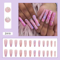 24pcs wearable ballet purple flower stripe french false nails with glue fake nails press on acrylic full cover stick on nails