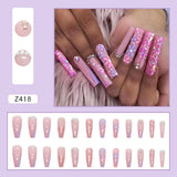 24pcs wearable ballet purple flower stripe french false nails with glue fake nails press on acrylic full cover stick on nails