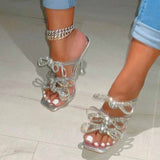 Fashion Gold Glitter Rhinestones Women Slippers Summer Crystal Bowknot High Heels PVC Transparent Sandals