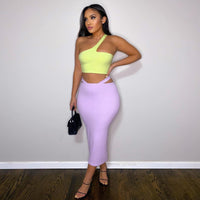 Bodycon Skinny Two Piece Set All Asymmetrical Neck Crop Top