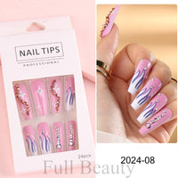 24 Pcs Full Cover False Nails Rhinestones Charms Press On Fake Nails Wearable Fake Nails Artificial Manicure Accessories