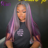 Highlight Purple with Pink Straight Human Hair Wigs Transparent Brazilian 13x4 Lace Frontal wig 5x5 lace Closure Wig Pre Plucked