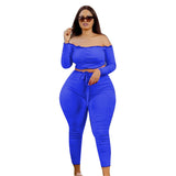 Plus Size avail Set Off-the-shoulder Long Sleeves Tops Lace-up High W Pants Suits