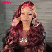 13x6 Wine Red With Blonde Color Body Wave Wig Lace Frontal Human Hair Wig Lace Front Wig Pre Plucked 5x5 Closure Human Hair Wigs