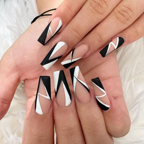 24pc Fake Nails With Geometry Pattern Designs Press On False Nails Black&amp;White Full Cover Nail Tips French Coffin Ballerina Nail