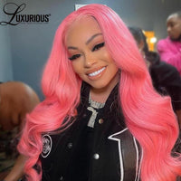 Pink Colored Human Hair Wigs 180 Density Body Wave Lace Front Wig Brazilian Remy Hair HD Transparent Lace Frontal Wig - Divine Diva Beauty